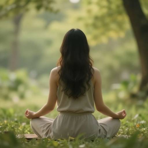 Photograph of a woman with long, wavy black hair, wearing a beige sleeveless top and pants, sitting cross-legged in a forest, med