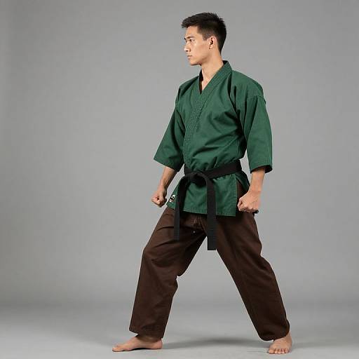 Photograph of an Asian male martial artist in green gi and brown pants, barefoot, standing in a fighting stance, grey background.