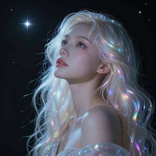 Photorealistic digital portrait of a fair-skinned, blonde woman with iridescent hair, glowing in a dark starry background, looking upwards.