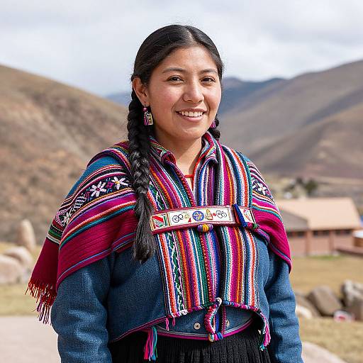 Photograph of a smiling Latina woman with long black hair in braids, wearing a colorful striped shawl over a blue traditional outfit, standing in a