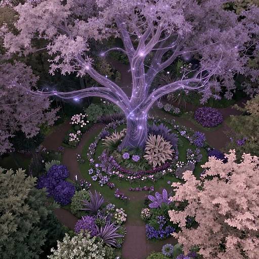 Digital artwork of a glowing, purple-lit tree at the center of a vibrant, multicolored garden with various flowers and foliage.