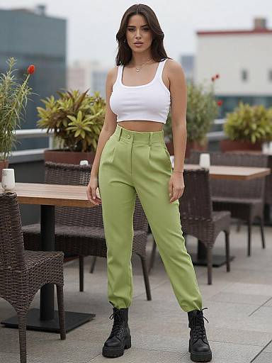 Photograph of a young woman with long black hair, wearing a white tank top, high-waisted green pants, and black boots, standing on