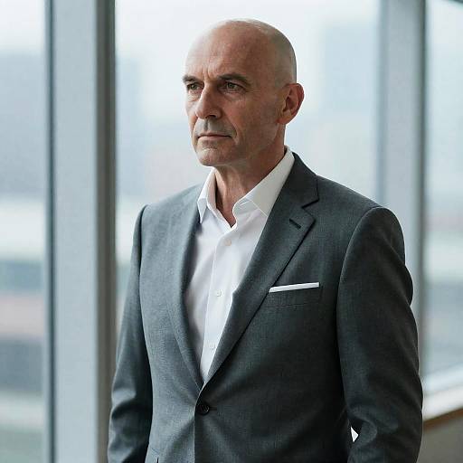 Middle-aged Man in Gray Suit with Serious Expression