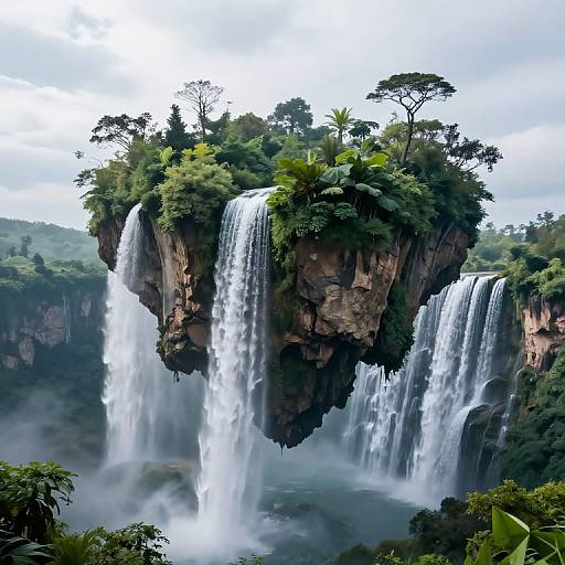 Photograph of a lush, tropical cliff with two large waterfalls cascading down, surrounded by dense greenery and misty clouds.
