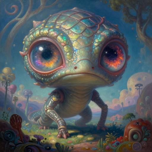 Digital painting of a giant, iridescent, scaly creature with enormous, glowing, rainbow-eyed gaze in a whimsical, surreal forest with colorful