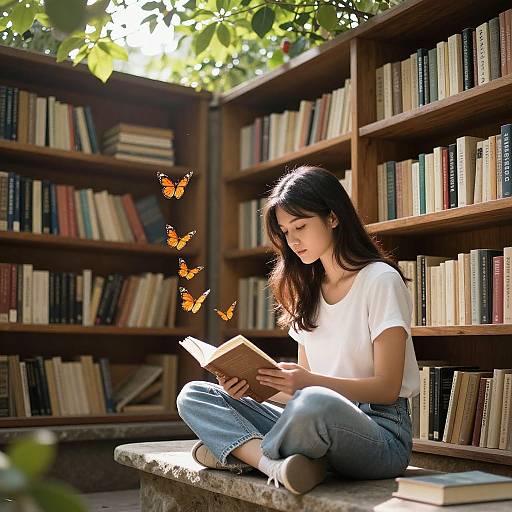 Photograph of a young woman with long black hair, wearing a white t-shirt and jeans, reading a book on a stone bench in a sunlit