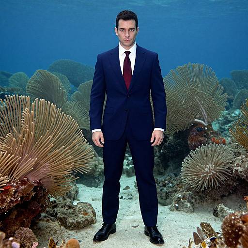 Photograph of a serious, dark-haired man in a black suit with white shirt and red tie, standing underwater among large, brown sea fan corals