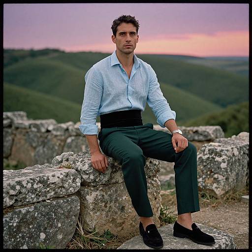 Man in Tailored Suit at Sunset Ruins