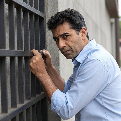 Sunlit Man Gripping Grate Against Wall