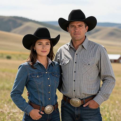 Photograph of a smiling couple wearing black cowboy hats, denim shirts, and belts with large silver buckles, standing in a sunlit, grassy