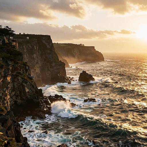 Photograph of a dramatic coastal sunset, with jagged cliffs silhouetted against a golden sky, waves crashing against dark rocks, and sunlight reflecting