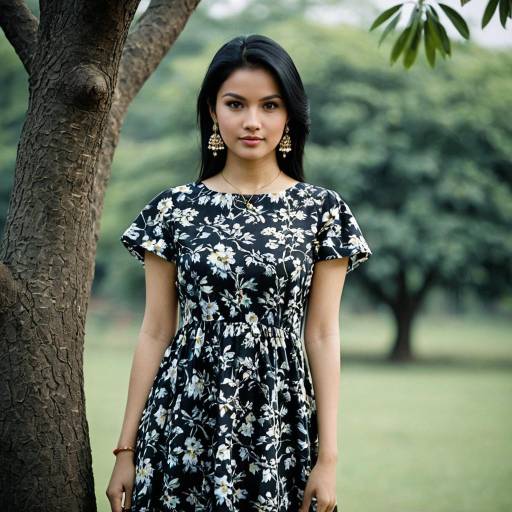 Portrait of Woman in Black Floral Dokhona Dress Outdoors
