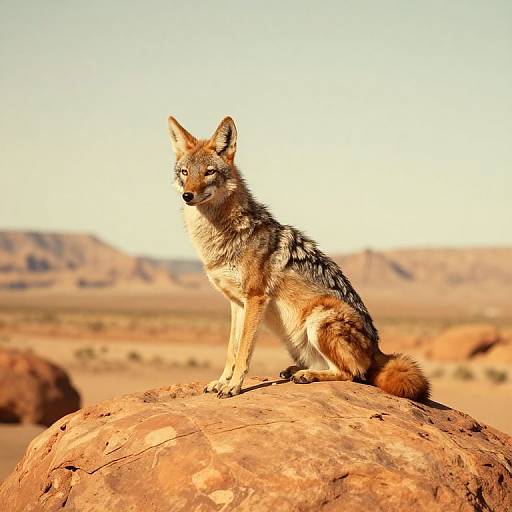 Photograph of a coyote with brown and gray fur, sitting alert on a large, sunlit rock in a desert with blurred, rocky hills in
