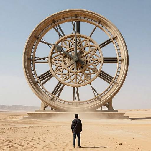 Photograph of a giant clock face in a desert, with a lone figure in a dark suit standing in front, gazing upward. Clear blue sky