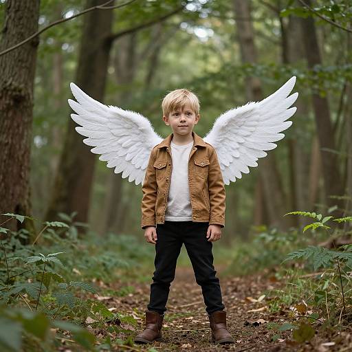 Photograph of a blonde boy with white angel wings, brown jacket, white shirt, black pants, and brown boots, standing in a forest path.