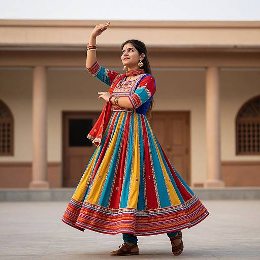 Photograph of a smiling Indian woman in colorful traditional lehenga, dancing with one arm raised, gold jewelry, and ornate background.