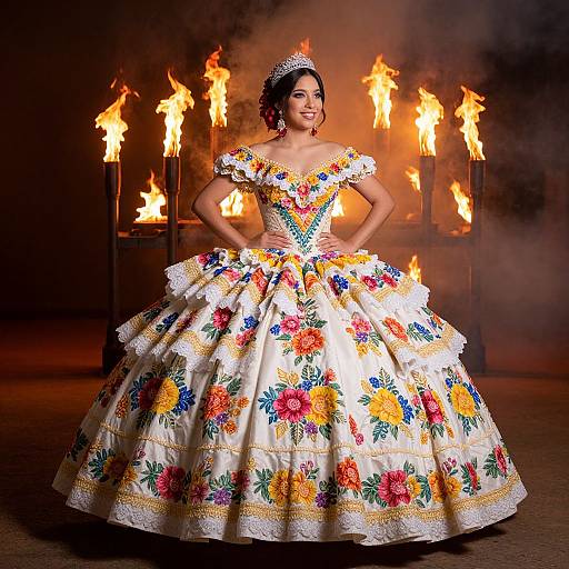 Photograph of a woman in a vibrant, floral-embroidered ballgown, standing confidently with hands on hips, against a backdrop of fiery