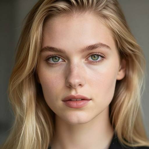 Close-up photograph of a young woman with fair skin, green eyes, and blonde wavy hair, looking directly at the camera with a neutral expression.