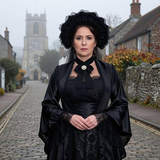 Photograph of a pale-skinned woman with dark hair, wearing a black lace Victorian dress and hat, standing on a foggy cobblestone street