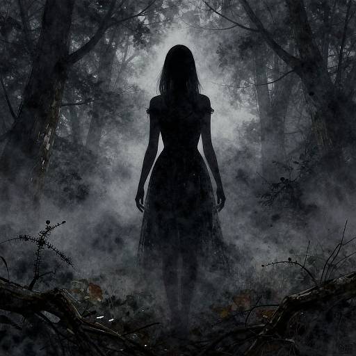 Silhouetted woman in a dress stands amidst a foggy, dark forest, with ethereal light illuminating her from behind. Digital art.