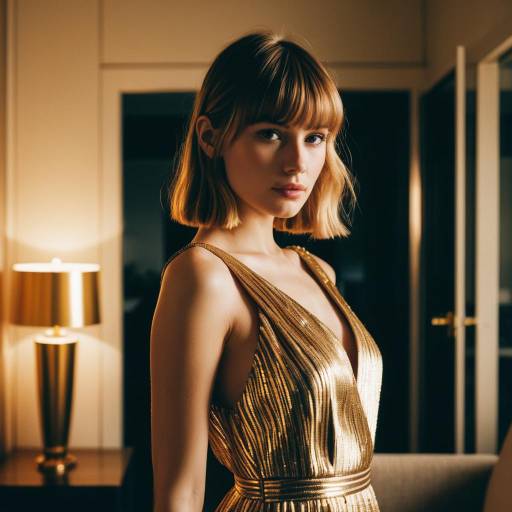 Fashion Model in Elegant Gold Gown