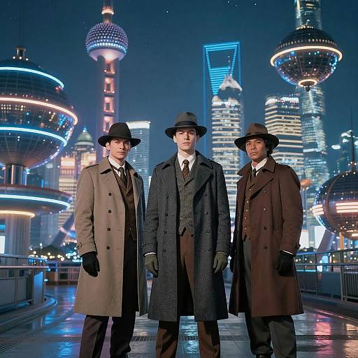 Vintage Time Travelers in a Futuristic City