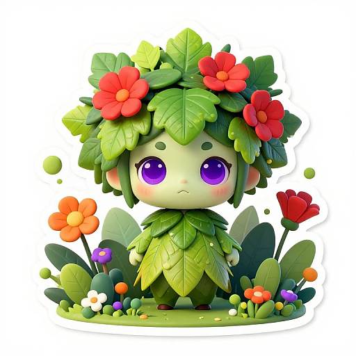 Chibi-style digital illustration of a green, leafy, flower-crowned fairy with large purple eyes, sitting among colorful flowers, showcasing vibrant red,