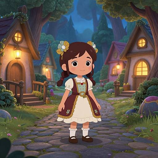 Cartoon-style girl in white dress with brown vest, flower hairpins, standing on cobblestone path in enchanted forest village at night.