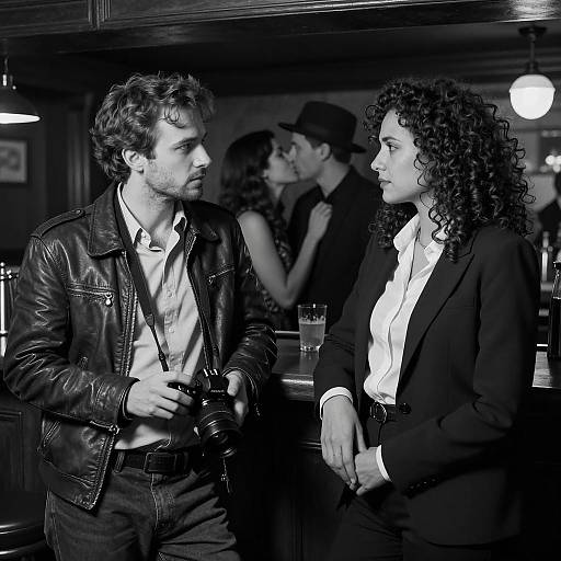 Black and White Bar Scene with Man and Woman
