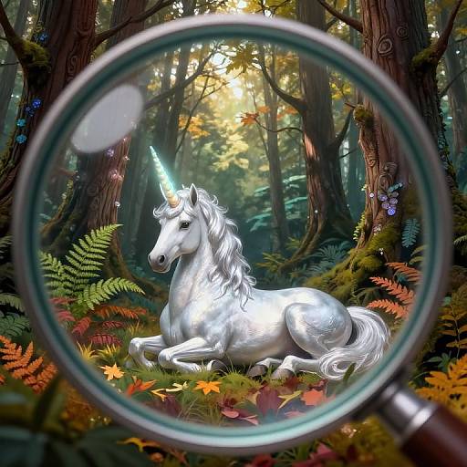 Photograph of a white unicorn with a glowing blue horn, lying in a forest, viewed through a magnifying glass, surrounded by autumn leaves and fern
