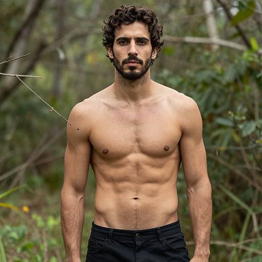 Photograph of a shirtless, muscular man with curly dark hair and beard, standing in a forest, wearing black pants, showcasing a defined, tan