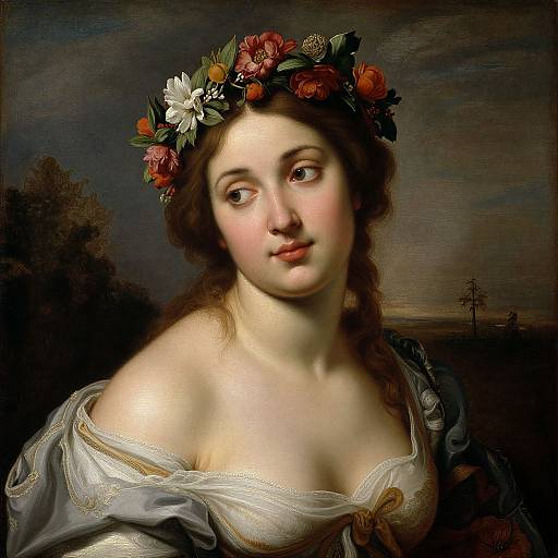 Digital painting of a fair-skinned, young woman with brown hair, wearing a floral crown, off-shoulder white gown, gazing softly.