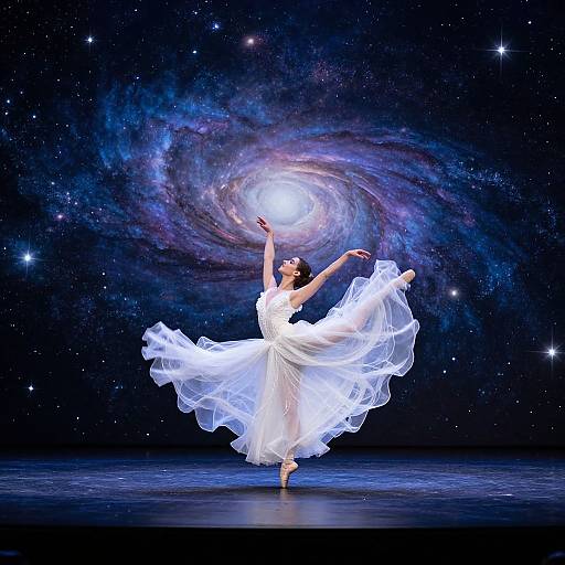 Photograph of a ballerina in a flowing white dress, dancing en pointe against a cosmic galaxy backdrop with swirling colors.