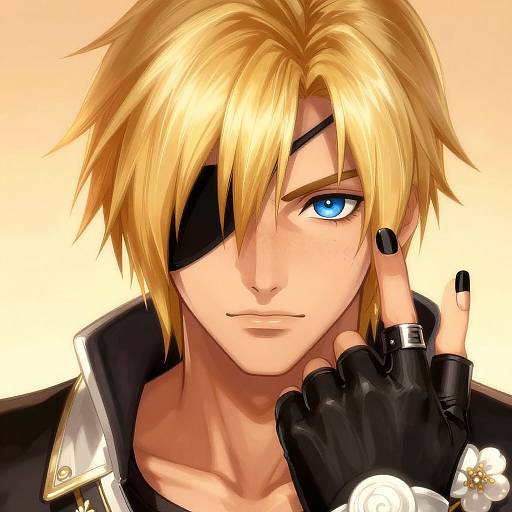 Digital anime-style portrait of a blond man with blue eye, black eyepatch, black glove, finger ring, and flower on shoulder.