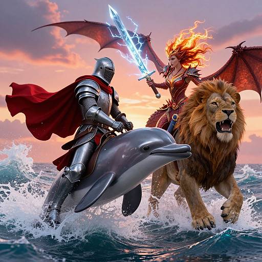 Fantasy battle: armored knight with glowing sword, red-caped, riding dolphin, battles fiery demon with bat wings, and fierce lion on turbulent ocean