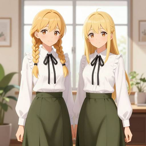 Anime-style digital illustration of two blonde, brown-eyed girls with long hair, wearing white shirts with black ribbons and green skirts, standing in a sun