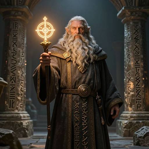 Photorealistic digital art of a wise, white-bearded elf wizard with glowing staff, wearing ornate dark robe, standing in ancient, illuminated stone