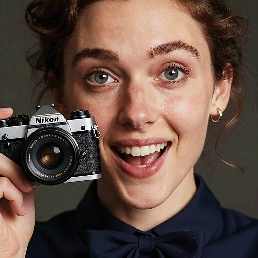 Close-up photograph of a smiling young woman with fair skin, blue eyes, and brown hair, holding a Nikon camera, wearing gold earrings and a black
