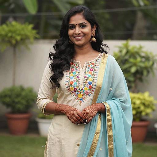 Photograph of a smiling Indian woman with long black hair, wearing a white embroidered kurta, blue dupatta, and red mehndi,
