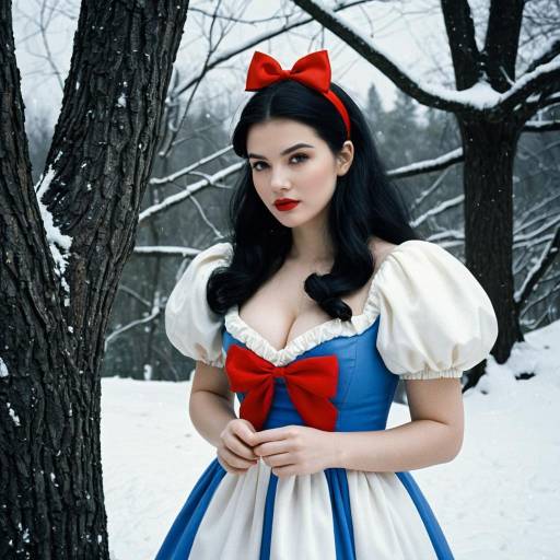 Woman in Snow White Inspired Dress in Snowy Forest