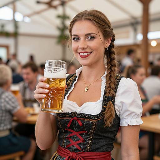 Photograph of a smiling young woman with braided brown hair, wearing a traditional German dirndl, holding a frothy beer mug, in a bustling