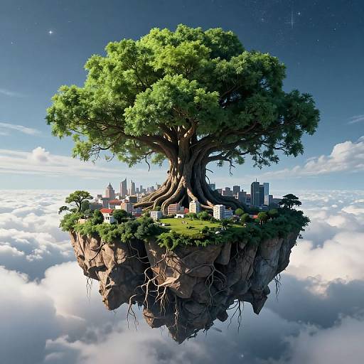 Digital artwork of a floating island with a massive, leafy tree, city buildings, and roots, surrounded by clouds under a starry sky.