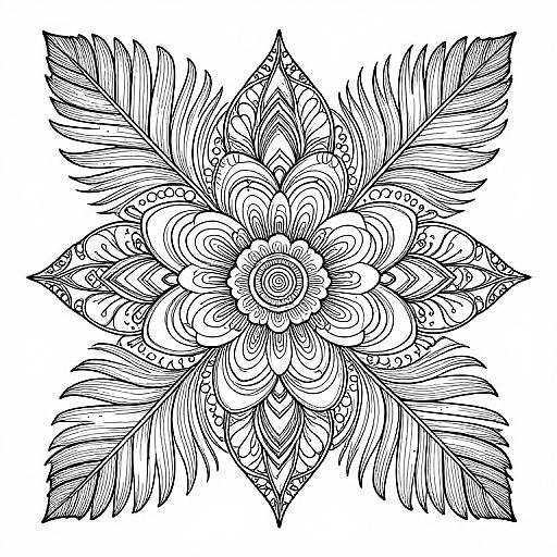 Black and white, intricately detailed, symmetrical floral mandala with paisley and feather patterns, drawn in a line art style.