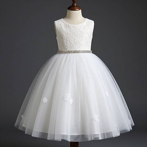 Photograph of a sleeveless white lace and tulle dress with a sparkling belt, displayed on a mannequin against a dark background.