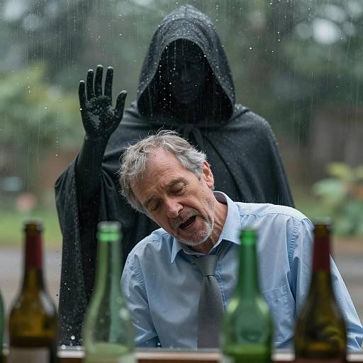 Man Slumped by Window with Hooded Figure Behind Glass