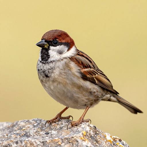 Photograph of a small brown and white house sparrow with a black cap, standing on a textured rock against a yellow blurred background.