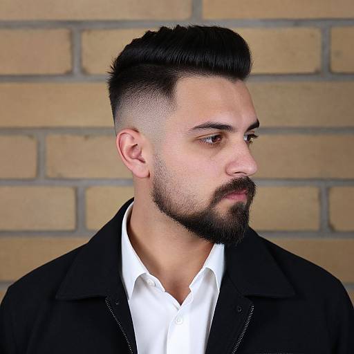 Photograph of a bearded man with a short, undercut hairstyle, wearing a black jacket over a white shirt, looking to the side against a beige