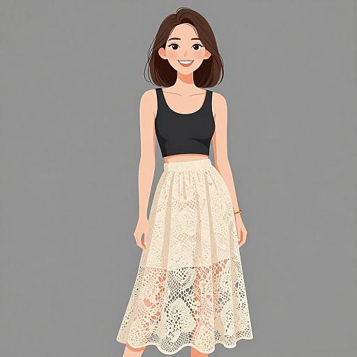 Digital illustration of a smiling woman with shoulder-length brown hair, wearing a black crop top and a white lace skirt, standing against a gray background.
