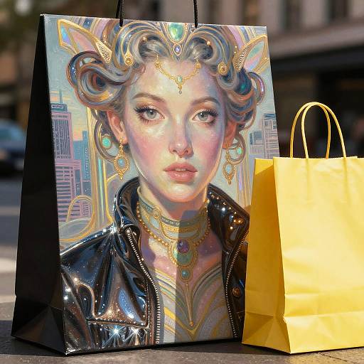 Photograph of a vividly detailed, hyper-realistic art print of a young woman with curly, iridescent hair, wearing a black glossy jacket