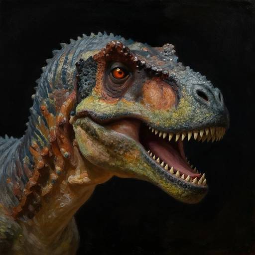 Digital artwork of a detailed, colorful, roaring dinosaur with sharp teeth, orange and blue scales, and glowing red eyes against a black background.